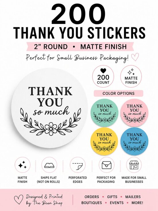 Handmade Other - 200 White Thank You 2inch Round Weatherpoof Thank You Stickers Mailing Supplies